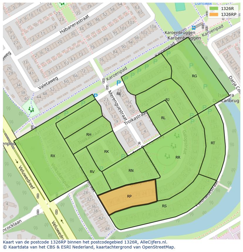 Afbeelding van het postcodegebied 1326 RP op de kaart.