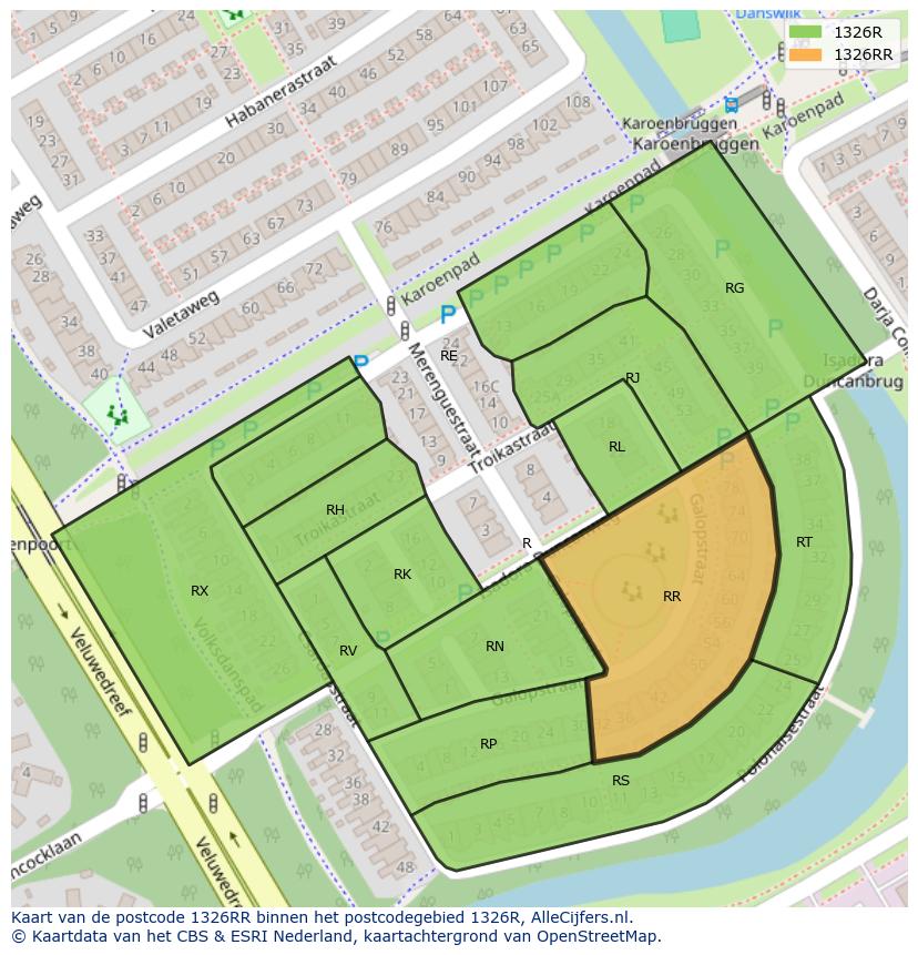Afbeelding van het postcodegebied 1326 RR op de kaart.