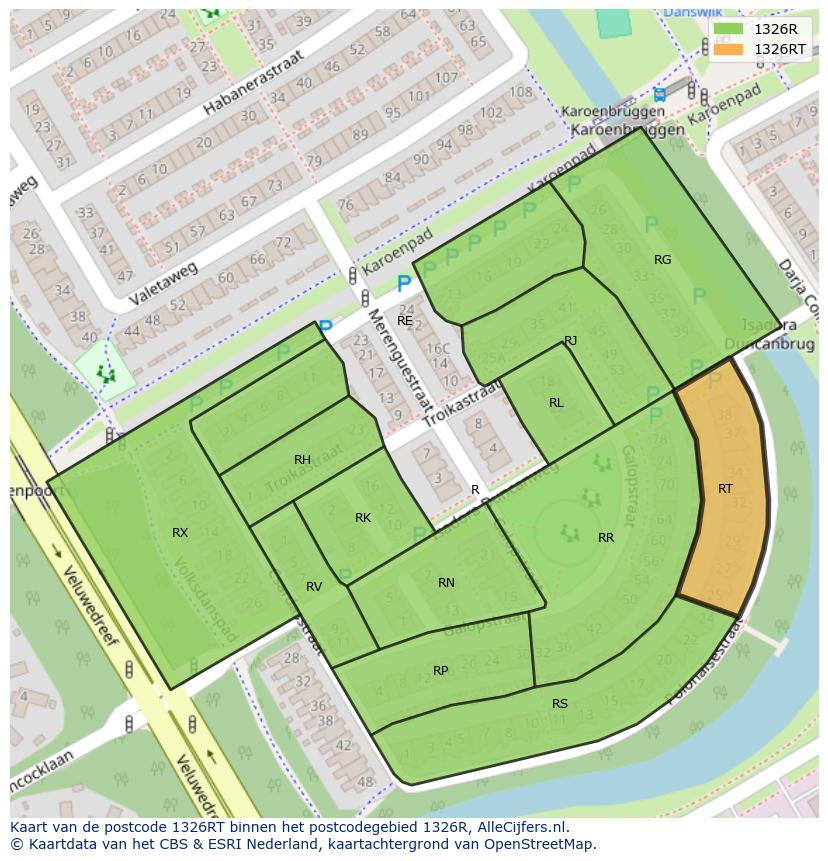 Afbeelding van het postcodegebied 1326 RT op de kaart.