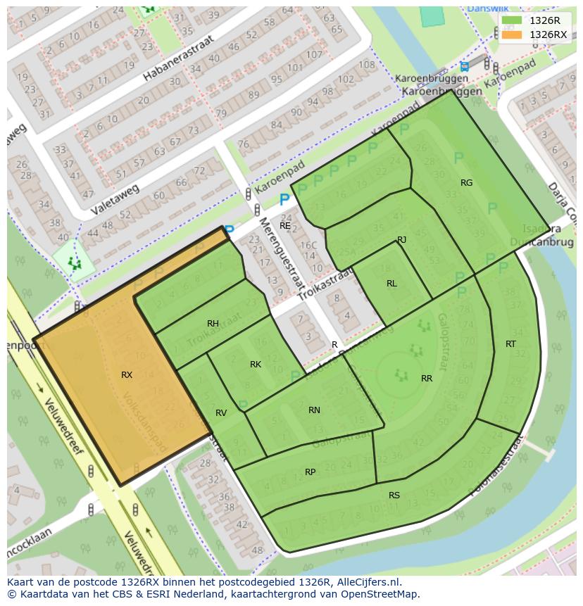 Afbeelding van het postcodegebied 1326 RX op de kaart.