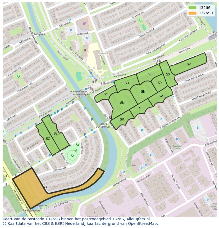 Afbeelding van het postcodegebied 1326 SB op de kaart.