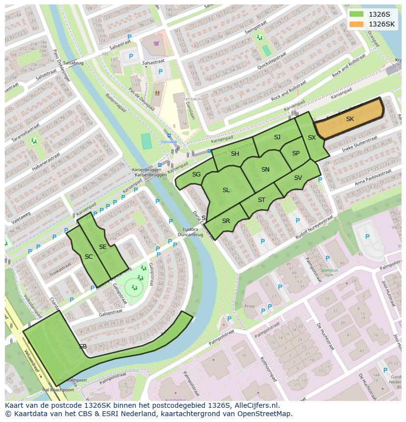 Afbeelding van het postcodegebied 1326 SK op de kaart.