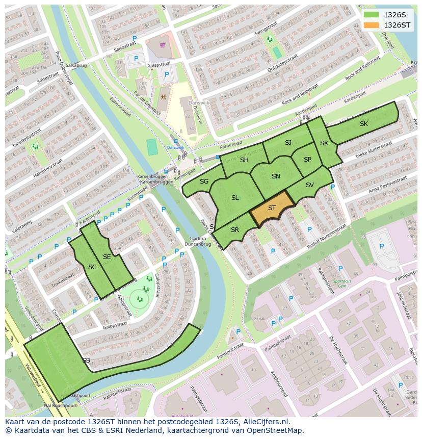 Afbeelding van het postcodegebied 1326 ST op de kaart.