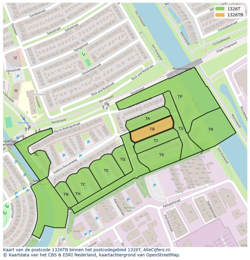 Afbeelding van het postcodegebied 1326 TB op de kaart.