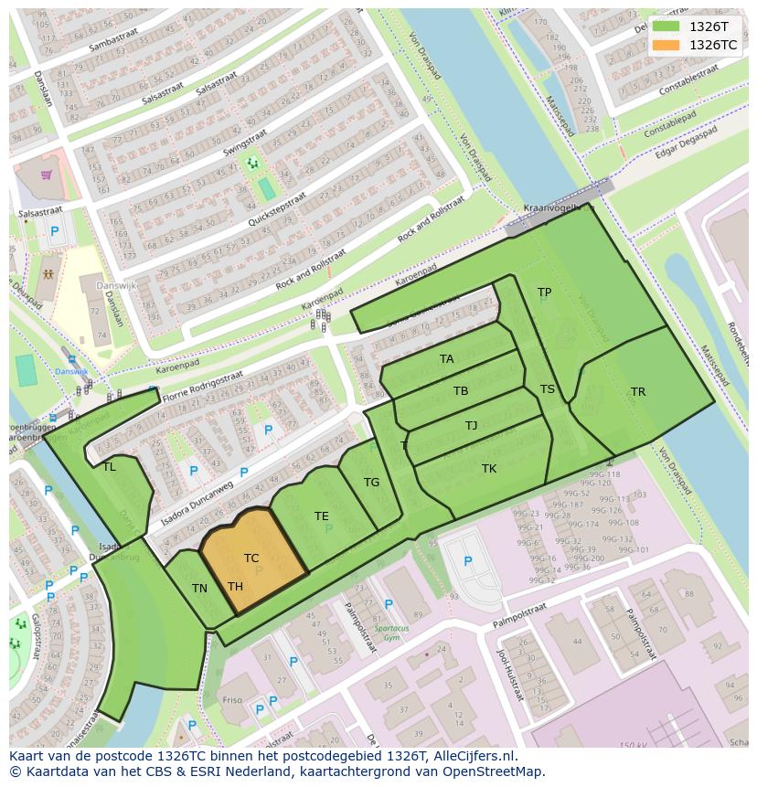 Afbeelding van het postcodegebied 1326 TC op de kaart.