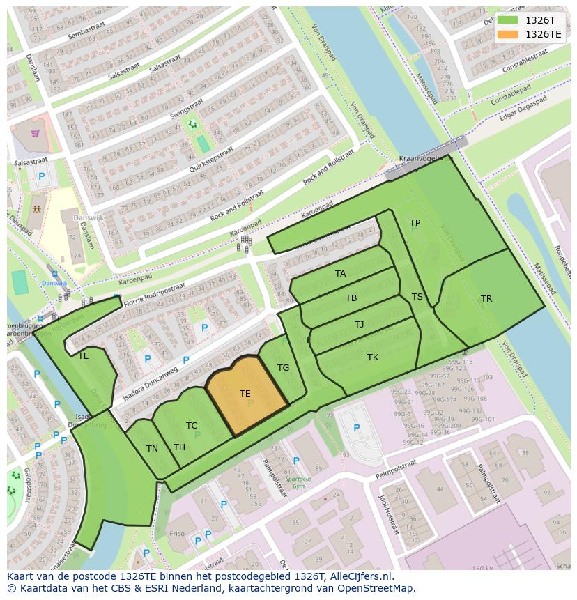 Afbeelding van het postcodegebied 1326 TE op de kaart.