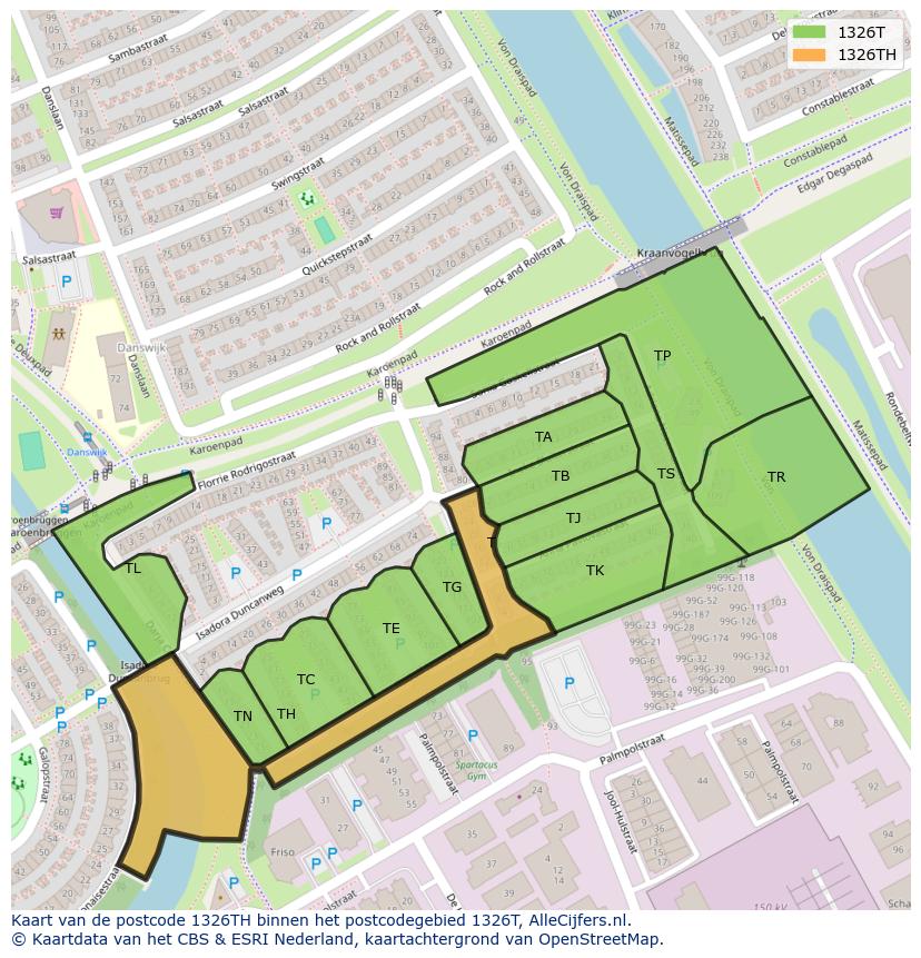 Afbeelding van het postcodegebied 1326 TH op de kaart.