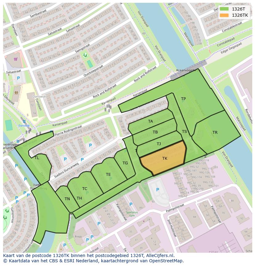 Afbeelding van het postcodegebied 1326 TK op de kaart.