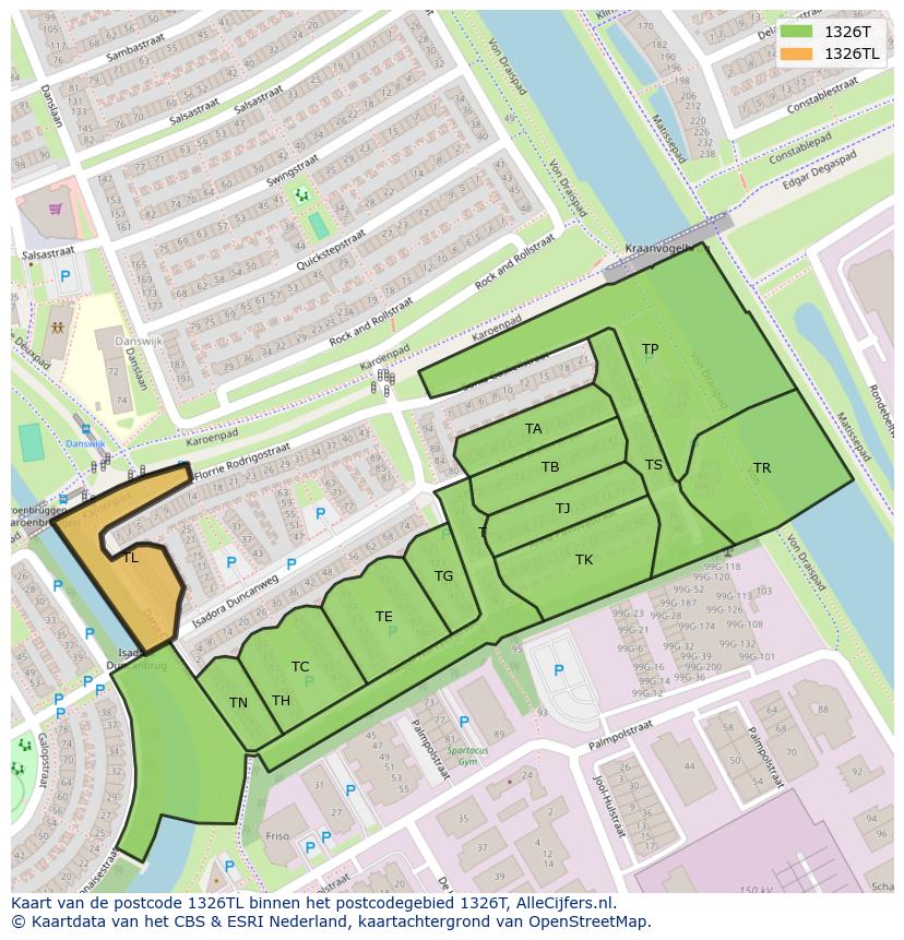 Afbeelding van het postcodegebied 1326 TL op de kaart.
