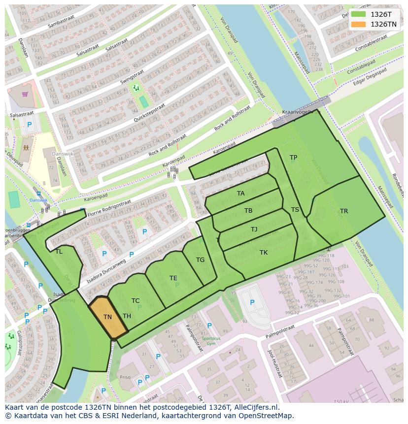 Afbeelding van het postcodegebied 1326 TN op de kaart.
