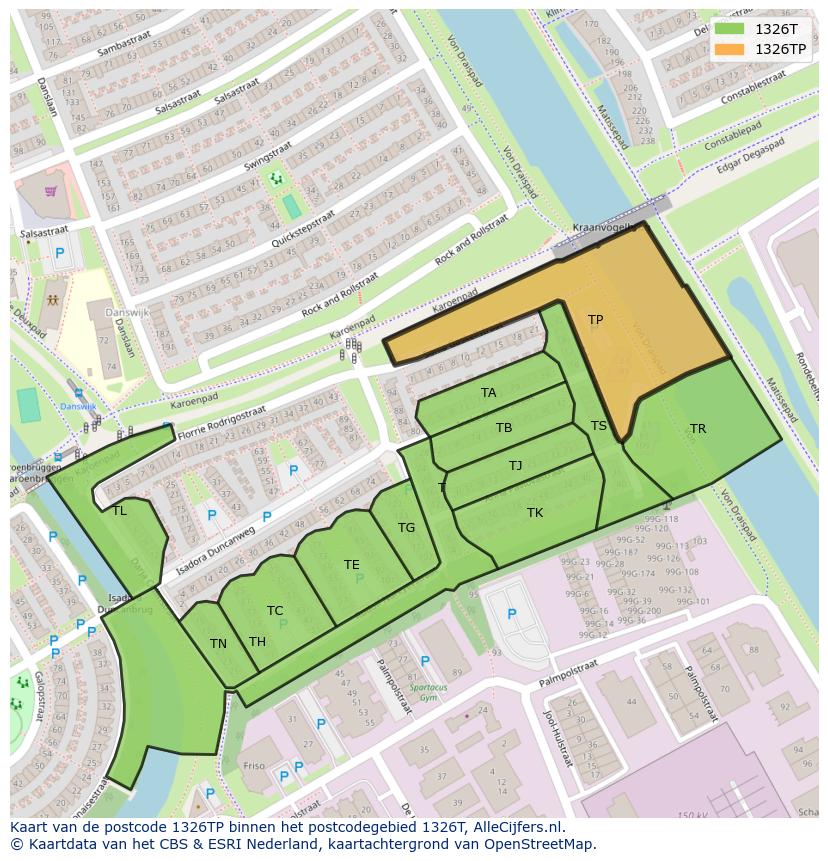Afbeelding van het postcodegebied 1326 TP op de kaart.