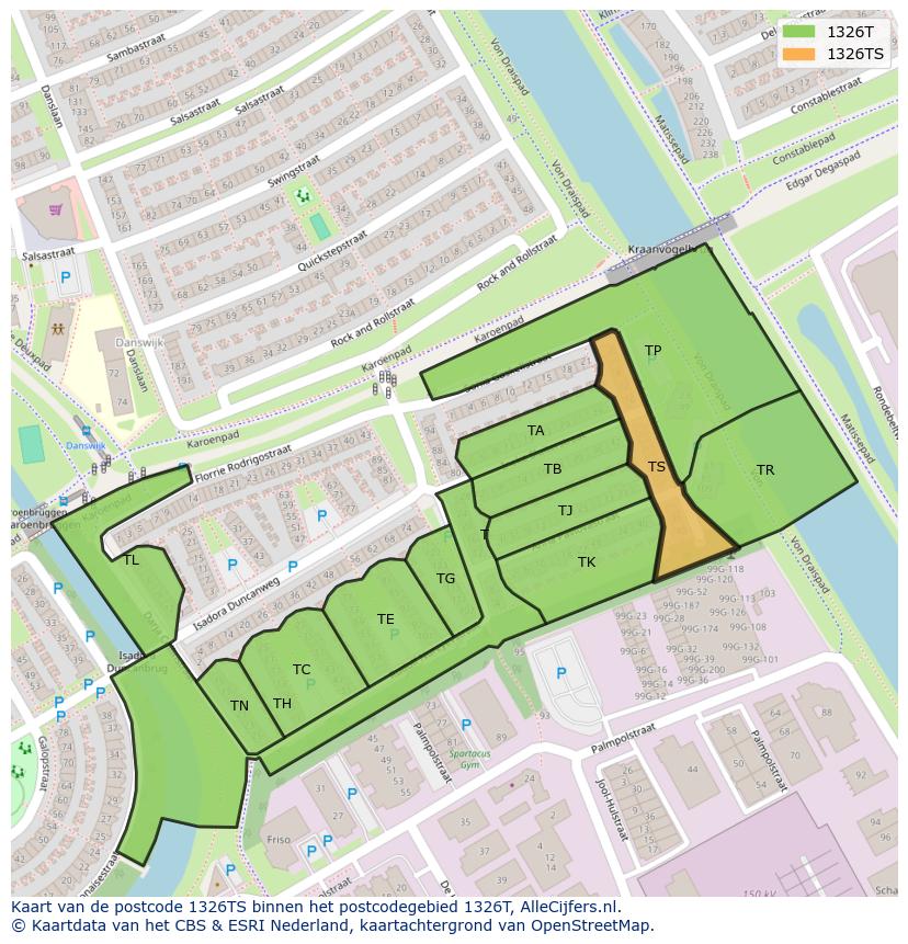 Afbeelding van het postcodegebied 1326 TS op de kaart.