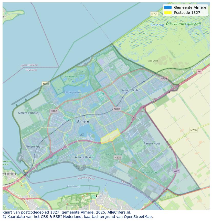 Afbeelding van het postcodegebied 1327 op de kaart.