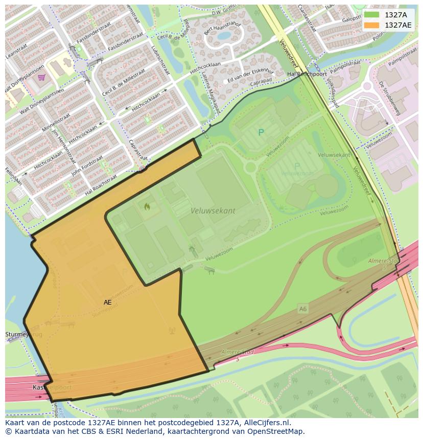 Afbeelding van het postcodegebied 1327 AE op de kaart.