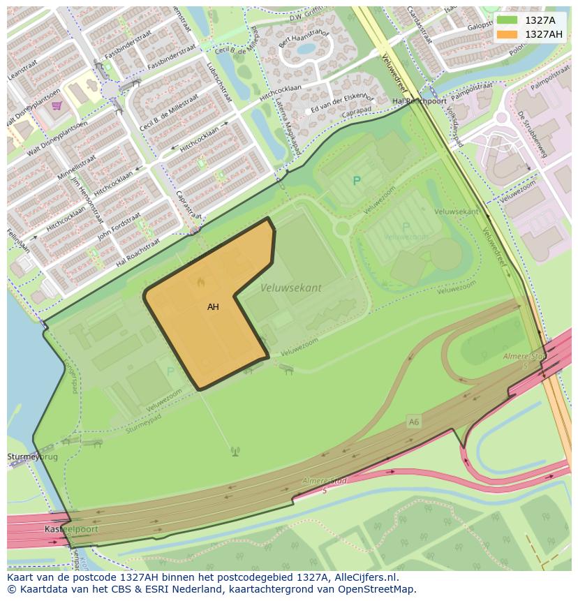 Afbeelding van het postcodegebied 1327 AH op de kaart.