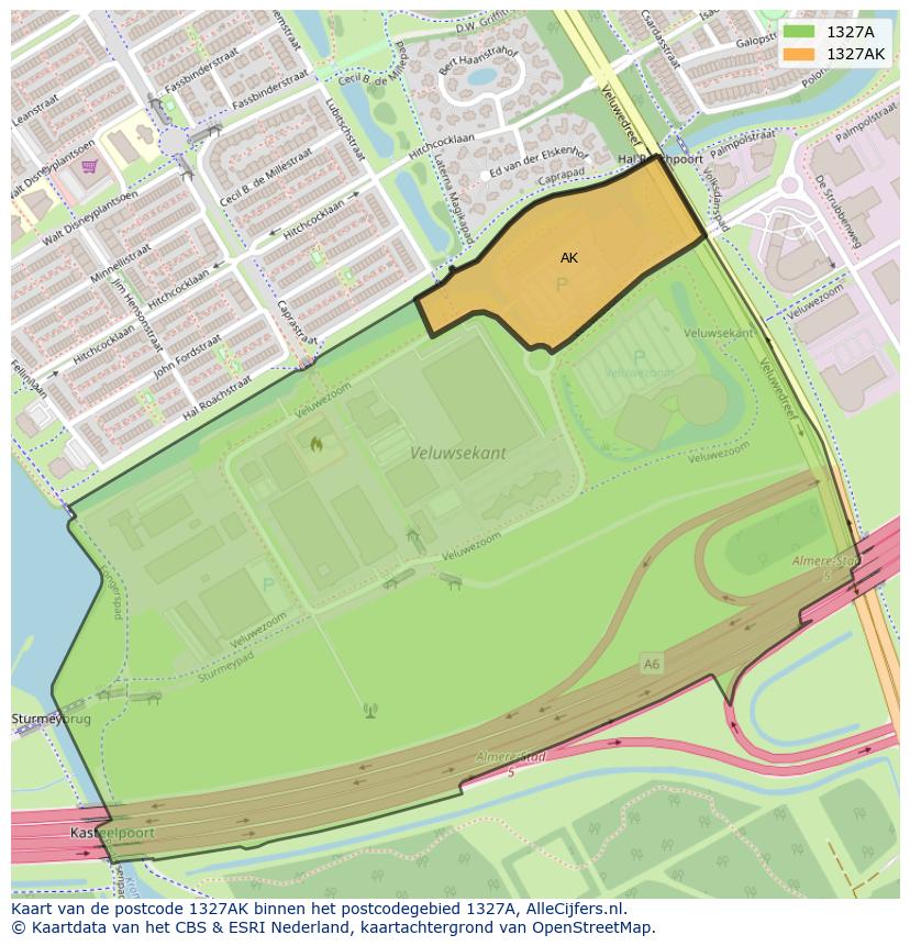 Afbeelding van het postcodegebied 1327 AK op de kaart.