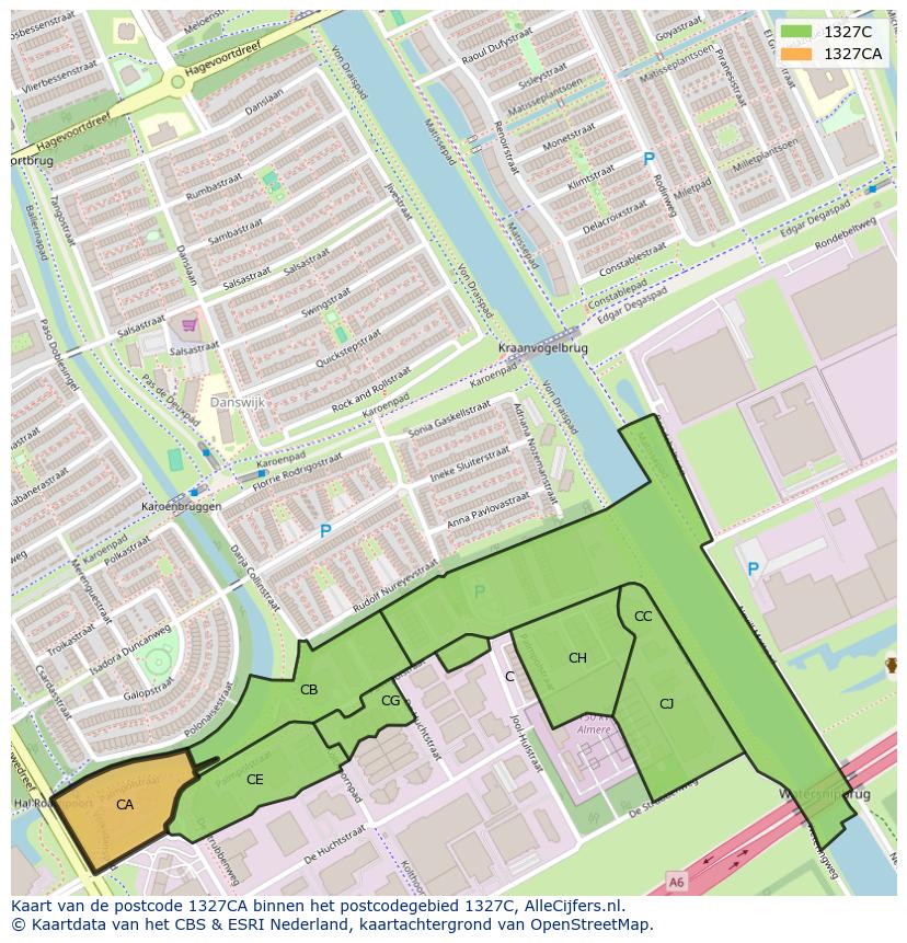 Afbeelding van het postcodegebied 1327 CA op de kaart.