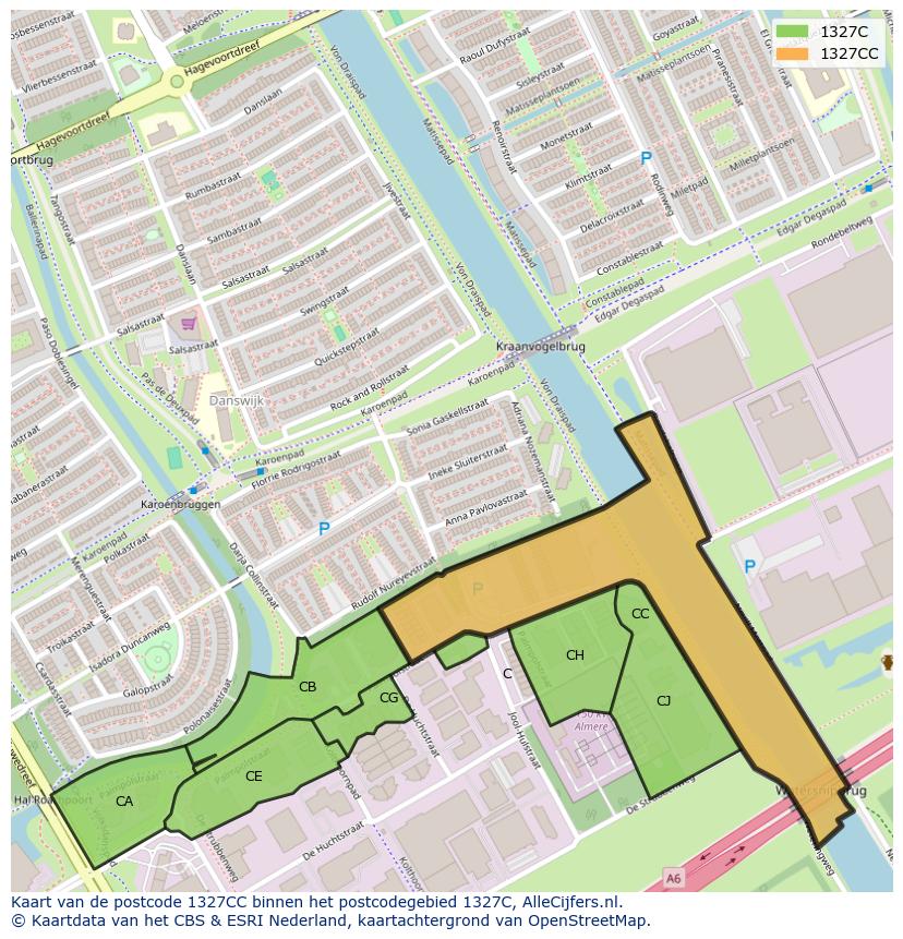 Afbeelding van het postcodegebied 1327 CC op de kaart.