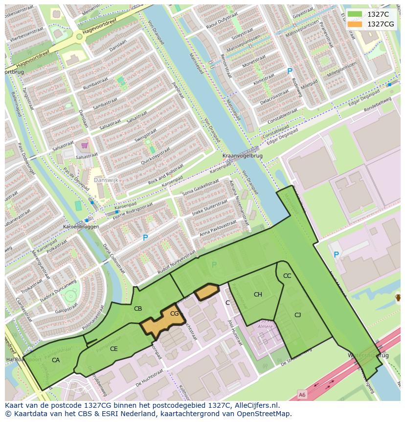Afbeelding van het postcodegebied 1327 CG op de kaart.