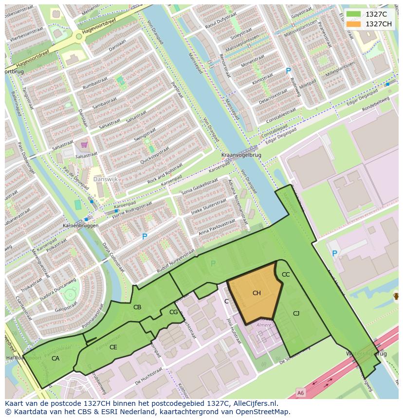 Afbeelding van het postcodegebied 1327 CH op de kaart.