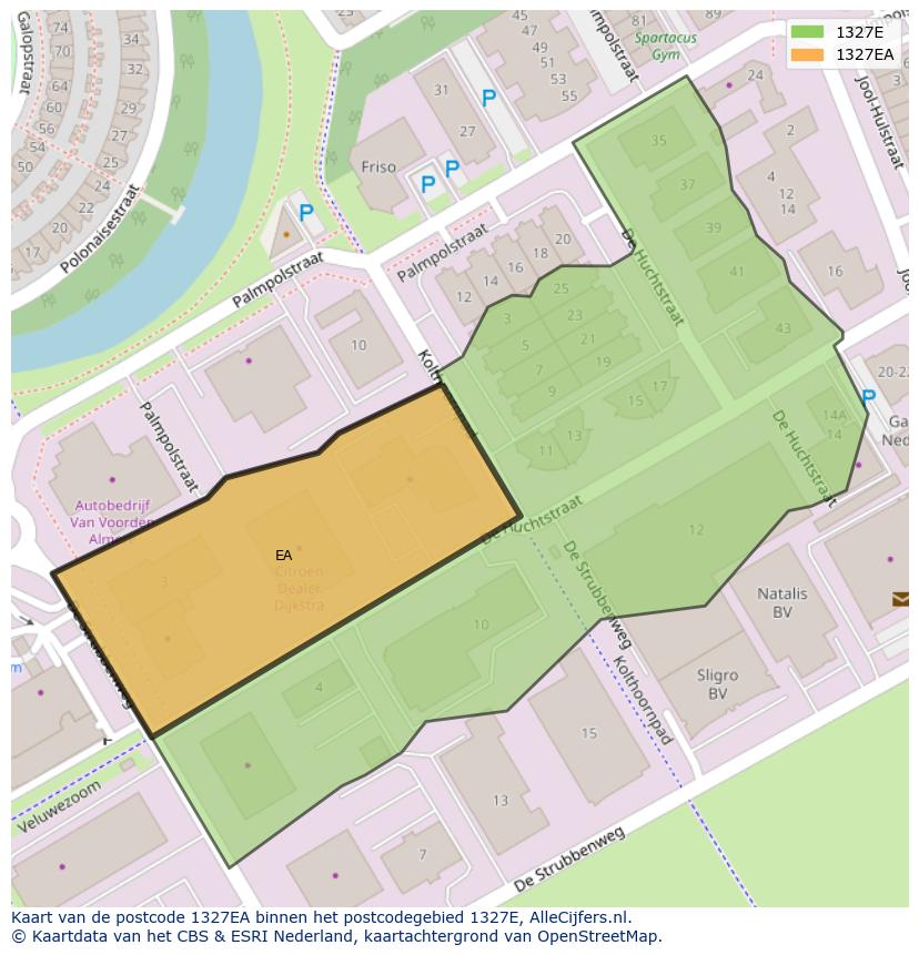 Afbeelding van het postcodegebied 1327 EA op de kaart.