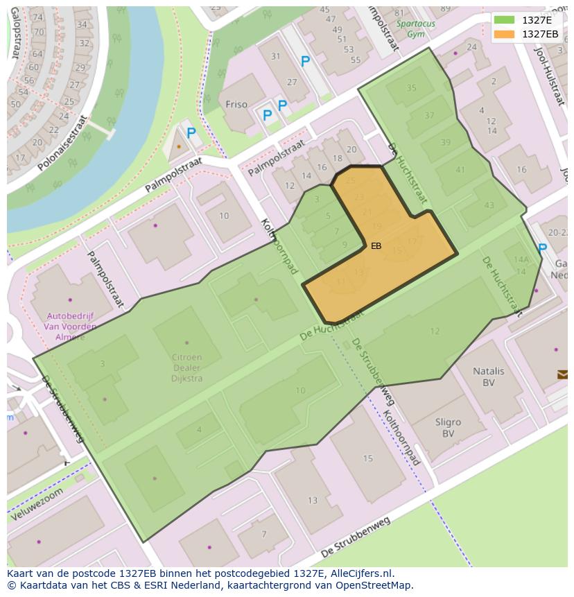 Afbeelding van het postcodegebied 1327 EB op de kaart.