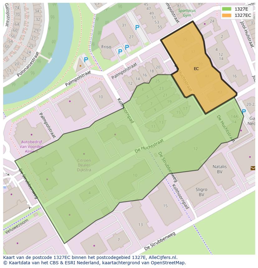 Afbeelding van het postcodegebied 1327 EC op de kaart.