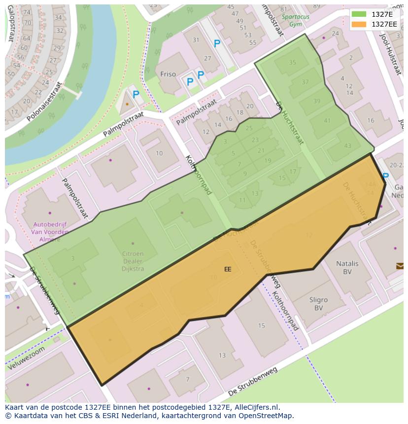 Afbeelding van het postcodegebied 1327 EE op de kaart.