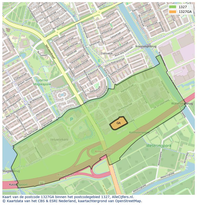 Afbeelding van het postcodegebied 1327 GA op de kaart.