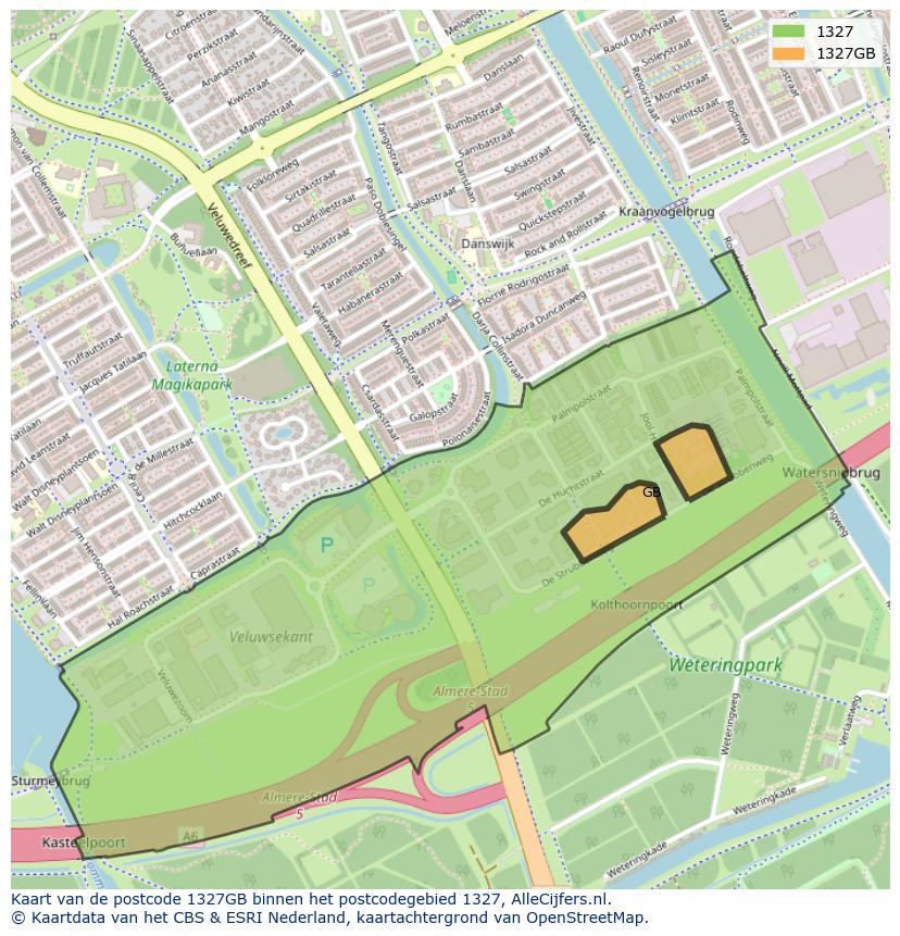 Afbeelding van het postcodegebied 1327 GB op de kaart.