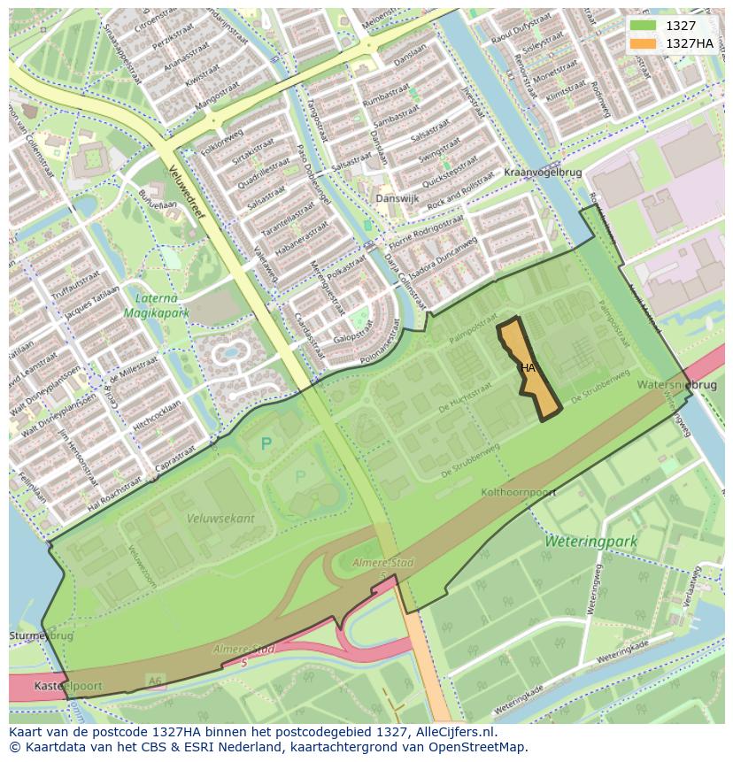 Afbeelding van het postcodegebied 1327 HA op de kaart.