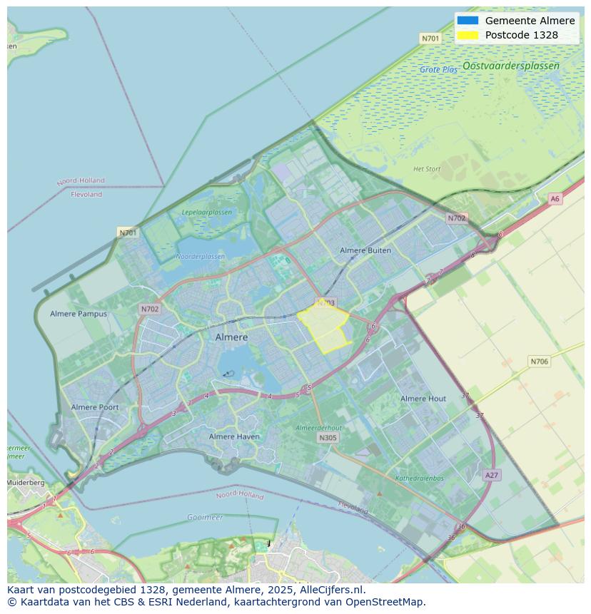 Afbeelding van het postcodegebied 1328 op de kaart.