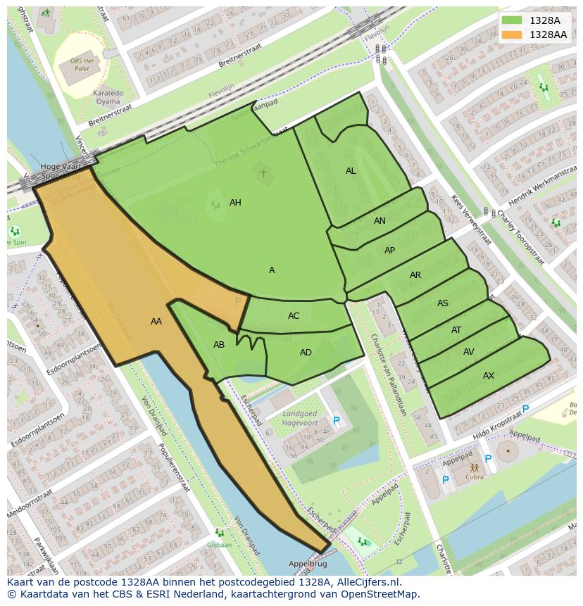 Afbeelding van het postcodegebied 1328 AA op de kaart.
