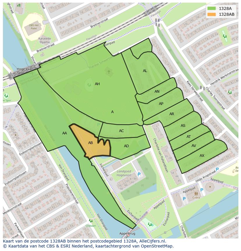 Afbeelding van het postcodegebied 1328 AB op de kaart.