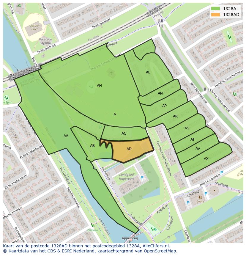 Afbeelding van het postcodegebied 1328 AD op de kaart.