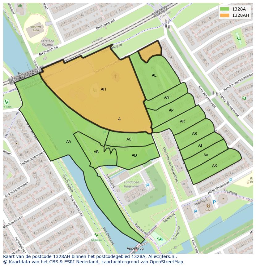 Afbeelding van het postcodegebied 1328 AH op de kaart.