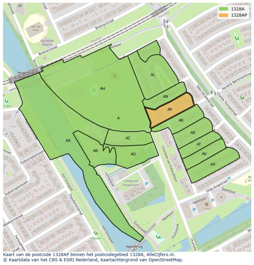 Afbeelding van het postcodegebied 1328 AP op de kaart.