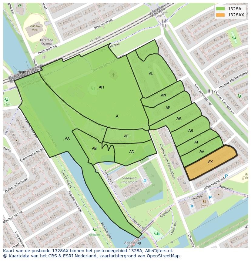Afbeelding van het postcodegebied 1328 AX op de kaart.