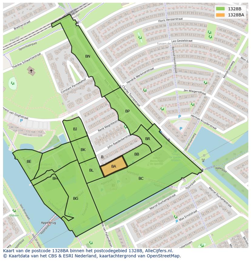 Afbeelding van het postcodegebied 1328 BA op de kaart.
