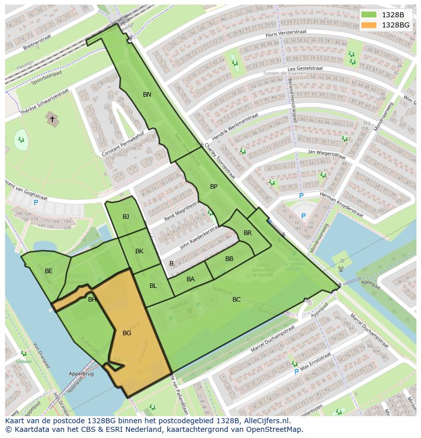 Afbeelding van het postcodegebied 1328 BG op de kaart.