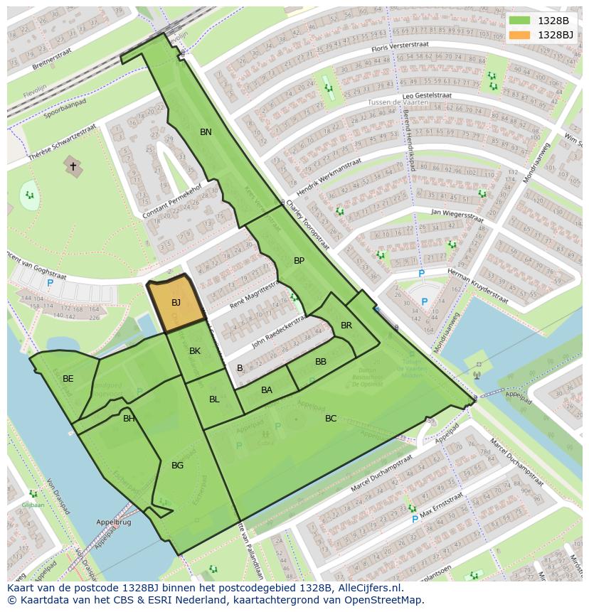Afbeelding van het postcodegebied 1328 BJ op de kaart.