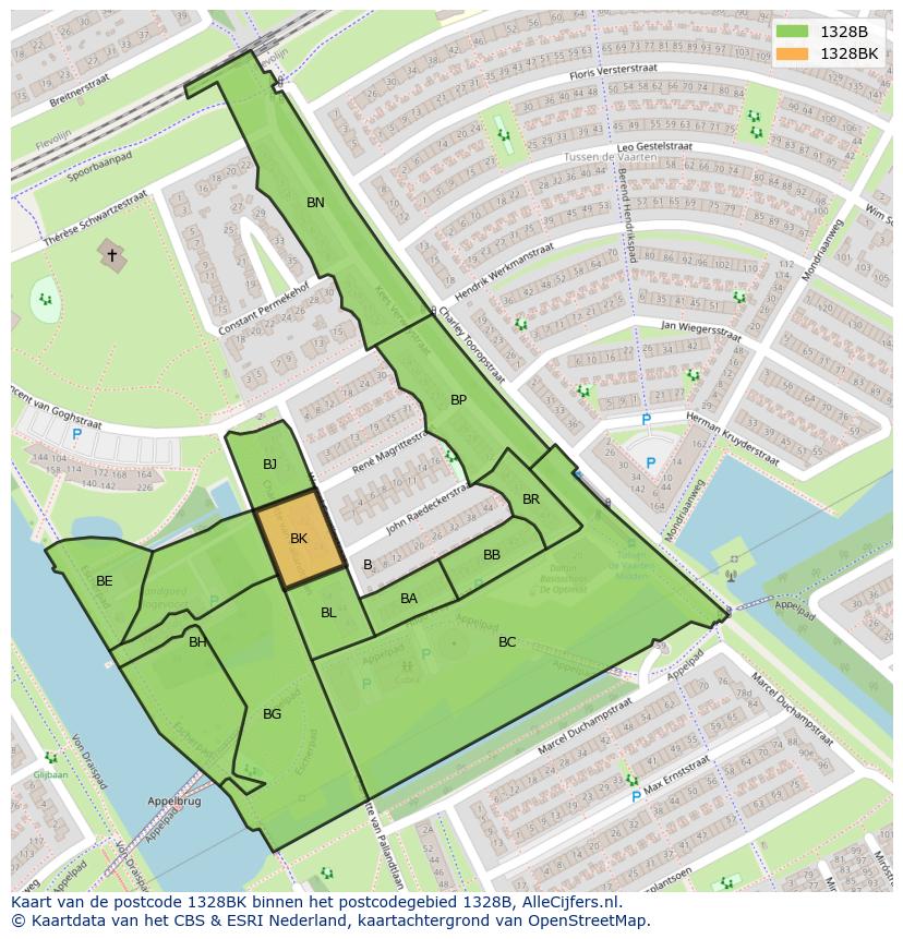Afbeelding van het postcodegebied 1328 BK op de kaart.