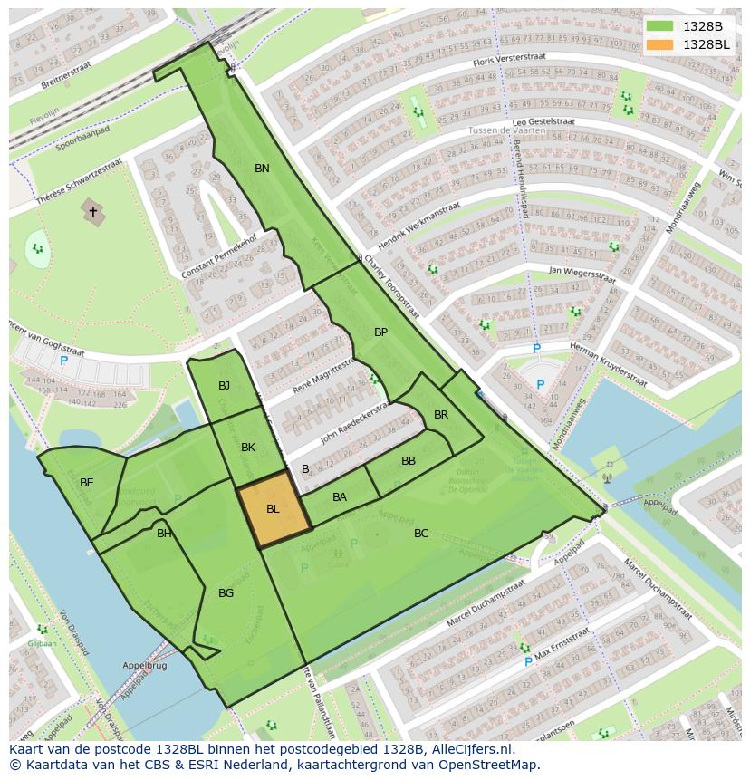 Afbeelding van het postcodegebied 1328 BL op de kaart.