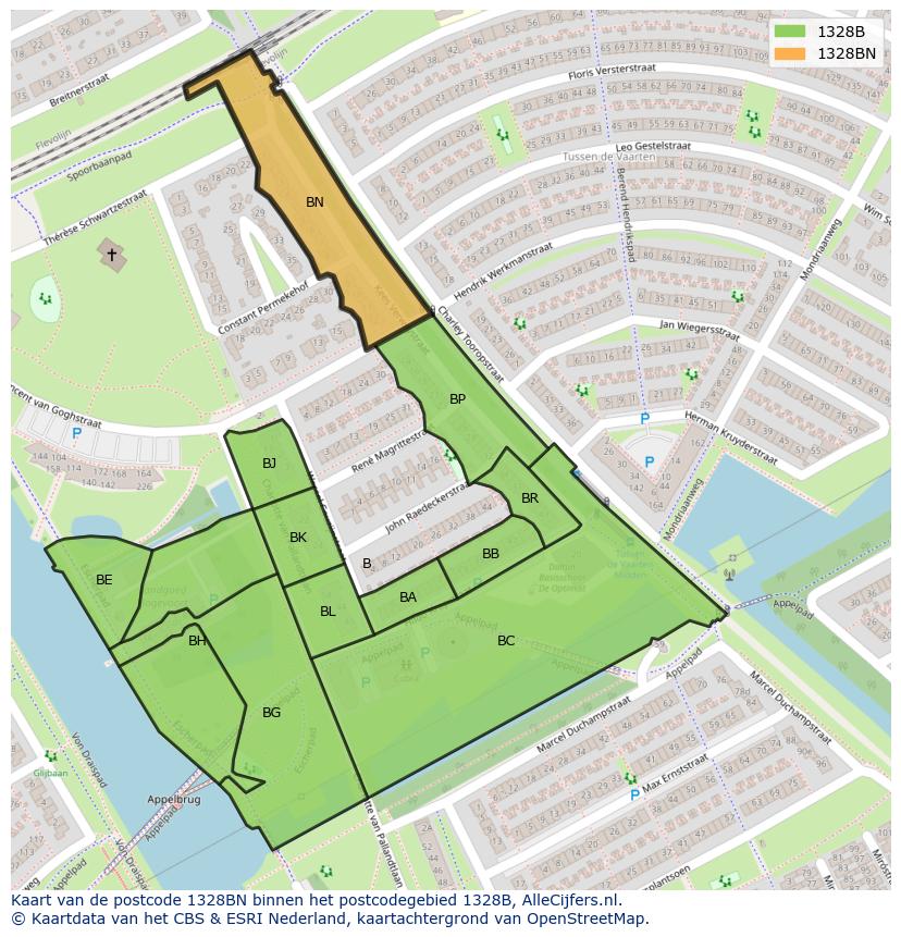 Afbeelding van het postcodegebied 1328 BN op de kaart.