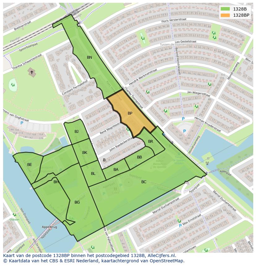 Afbeelding van het postcodegebied 1328 BP op de kaart.