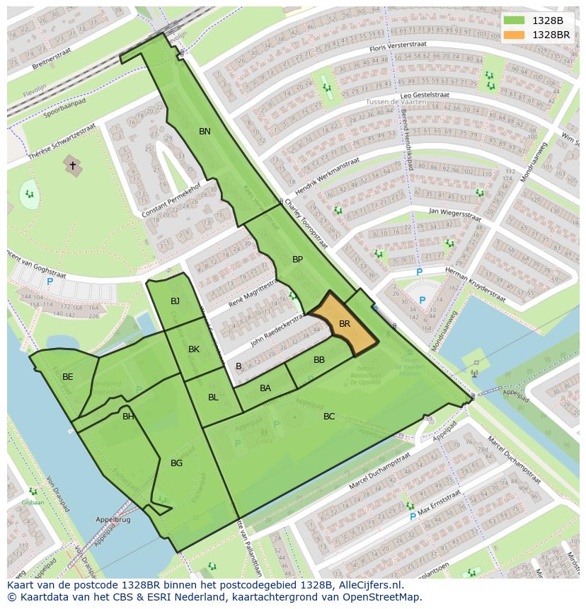 Afbeelding van het postcodegebied 1328 BR op de kaart.
