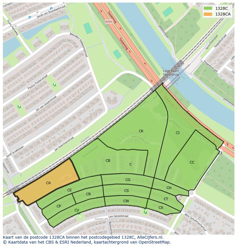 Afbeelding van het postcodegebied 1328 CA op de kaart.