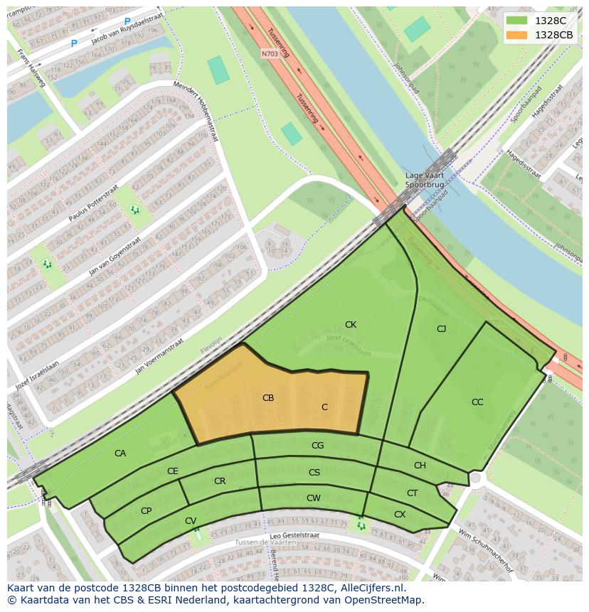 Afbeelding van het postcodegebied 1328 CB op de kaart.