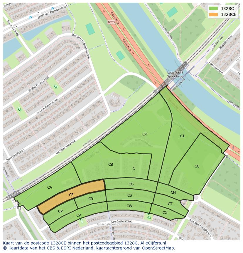 Afbeelding van het postcodegebied 1328 CE op de kaart.
