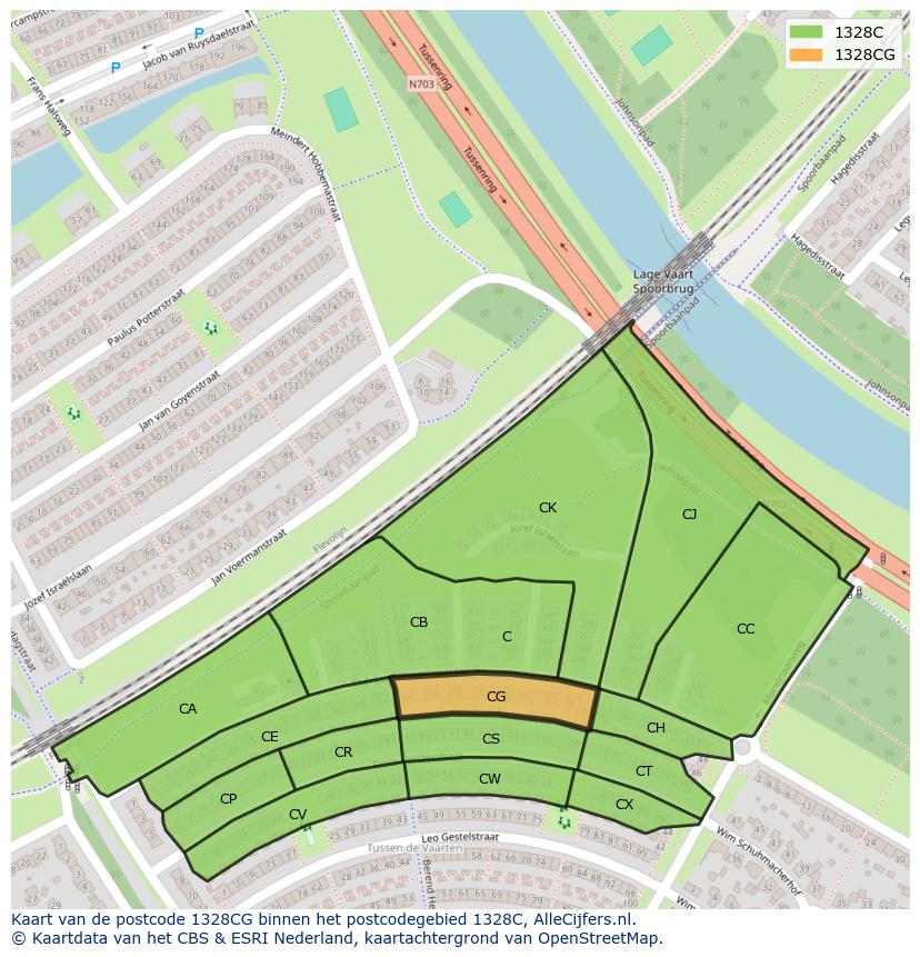 Afbeelding van het postcodegebied 1328 CG op de kaart.